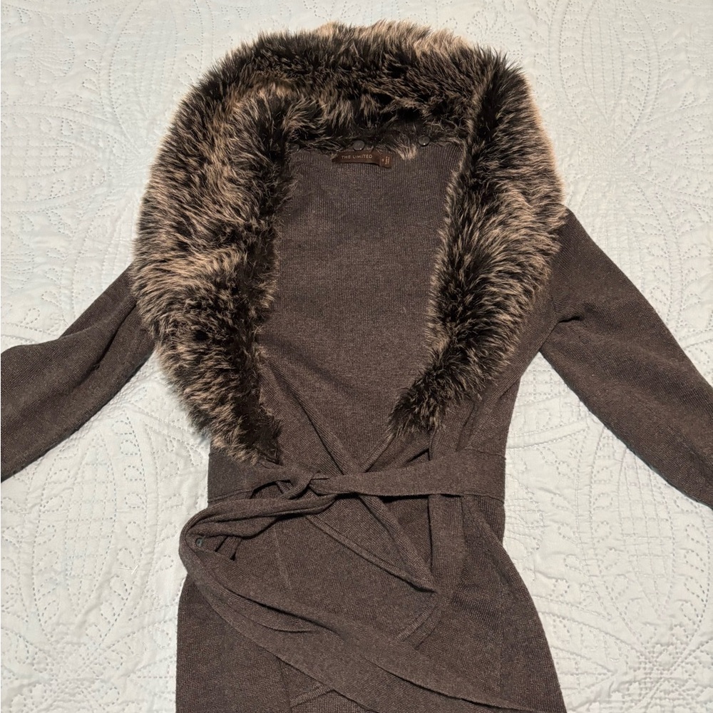 The Limited Gray Cardigan with Faux Fur Collar